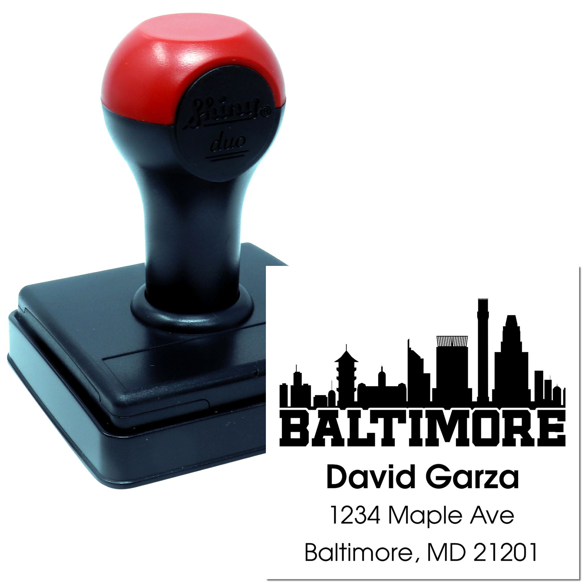 Custom Baltimore skyline address rubber stamp with self-inking stamp and personalized name and address imprint.