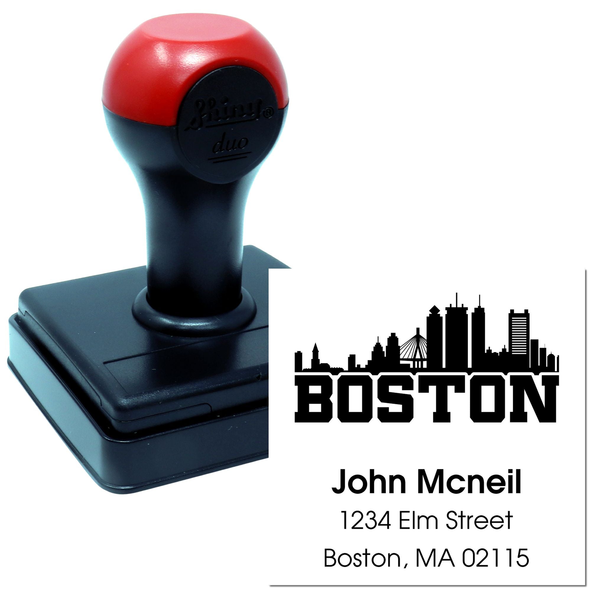 Custom Boston self-inking rubber stamp with skyline logo, name, and address for business branding and mailing.