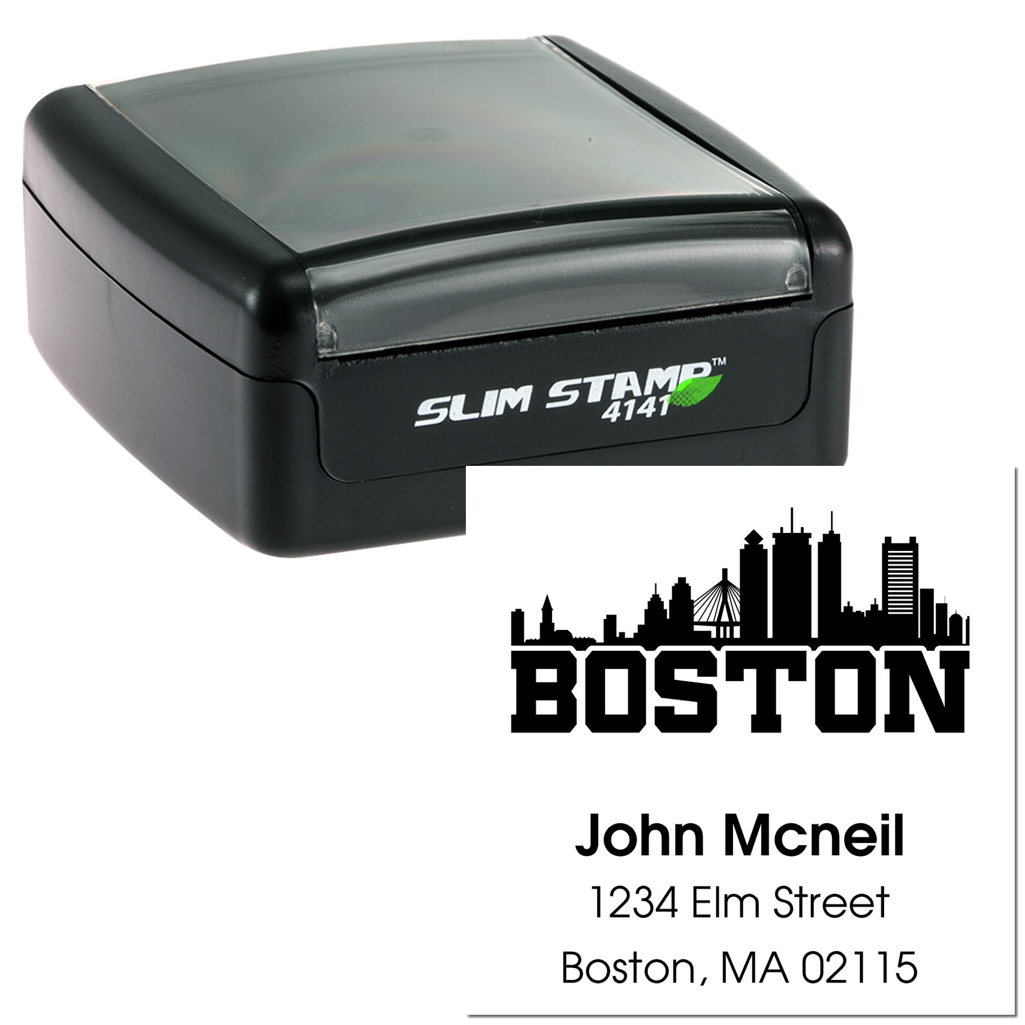 Personalized self-inking rubber address stamp with Boston skyline and return address for mailing envelopes.