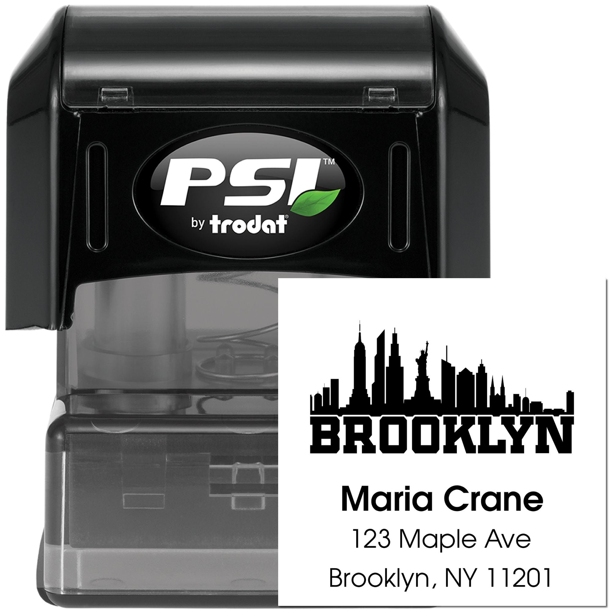PSI by Trodat self-inking custom Brooklyn return address rubber stamp with skyline, name, and address for mailing.