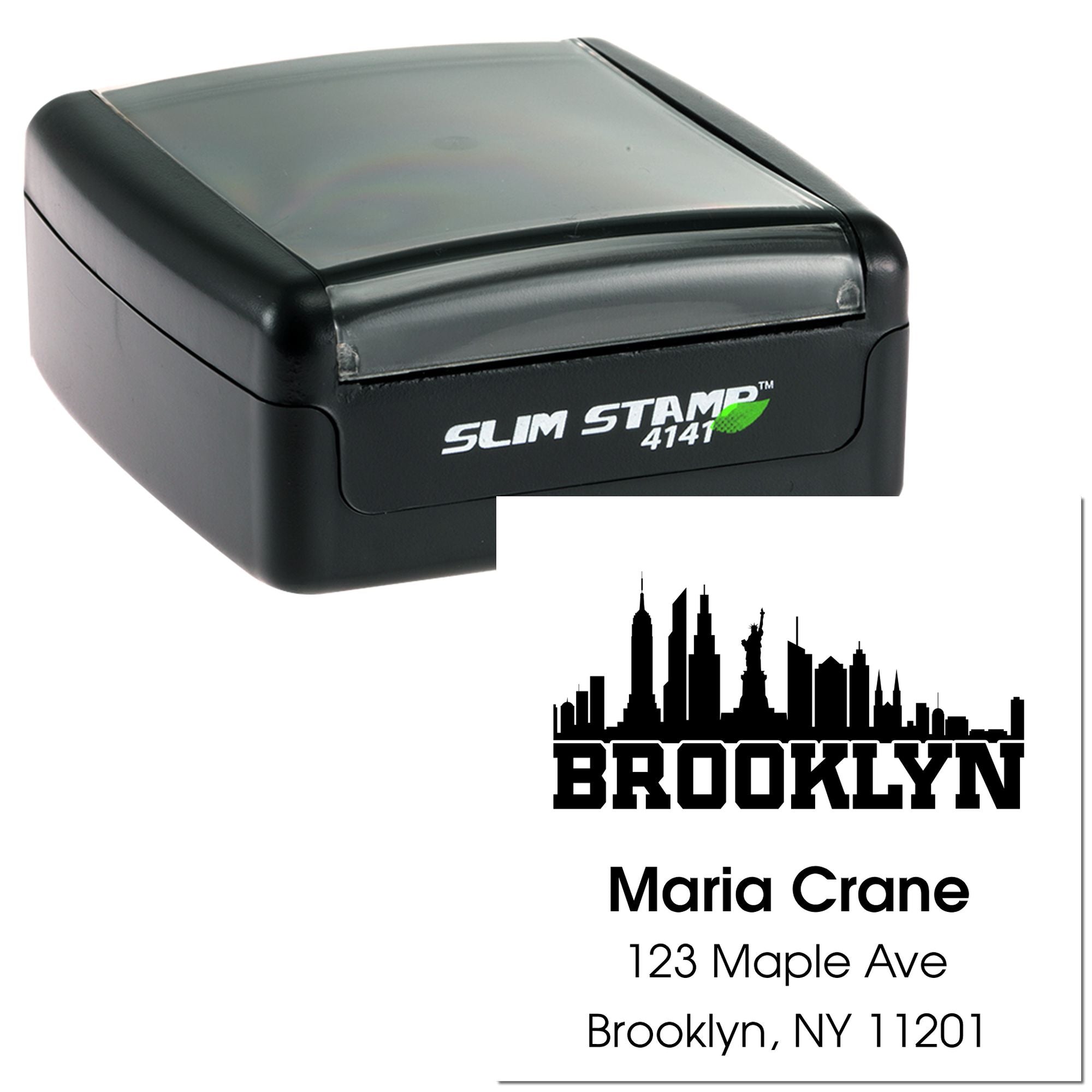 Custom self-inking rubber stamp with Brooklyn skyline return address imprint for Maria Crane, 123 Maple Ave, Brooklyn, NY 11201.