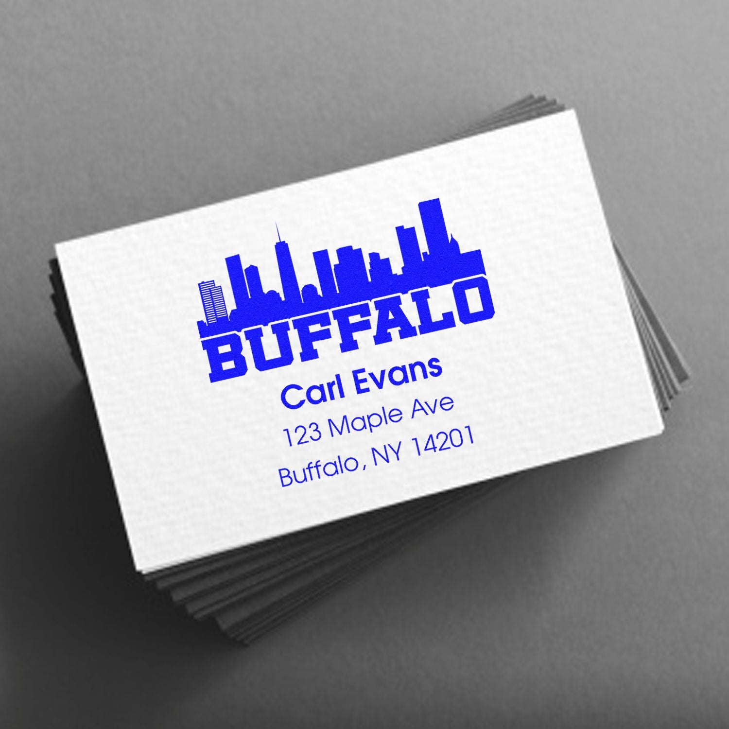 Buffalo skyline custom rubber stamp with name and address for Carl Evans, 123 Maple Ave, Buffalo, NY 14201