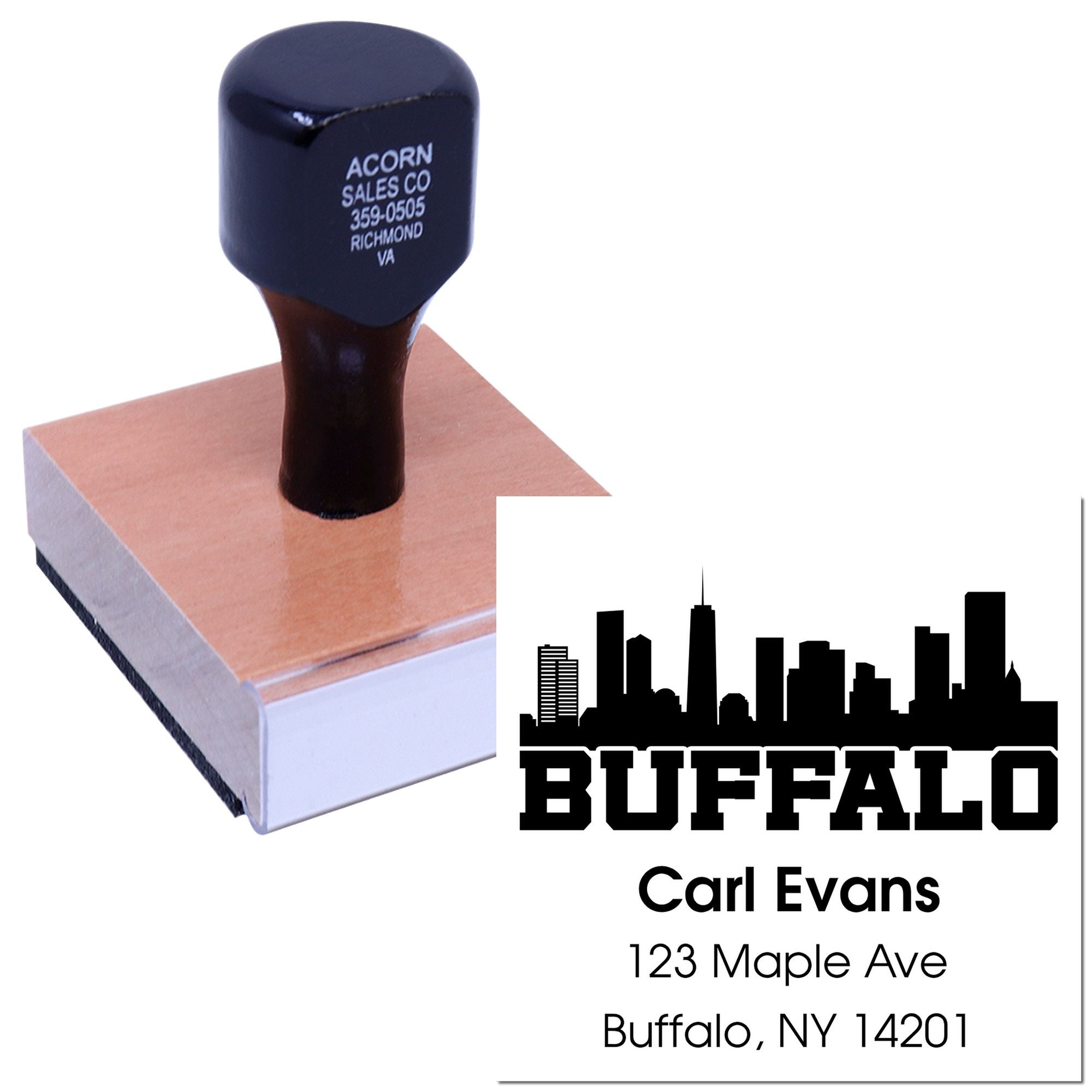 Custom Buffalo address rubber stamp with skyline logo and business name for professional branding