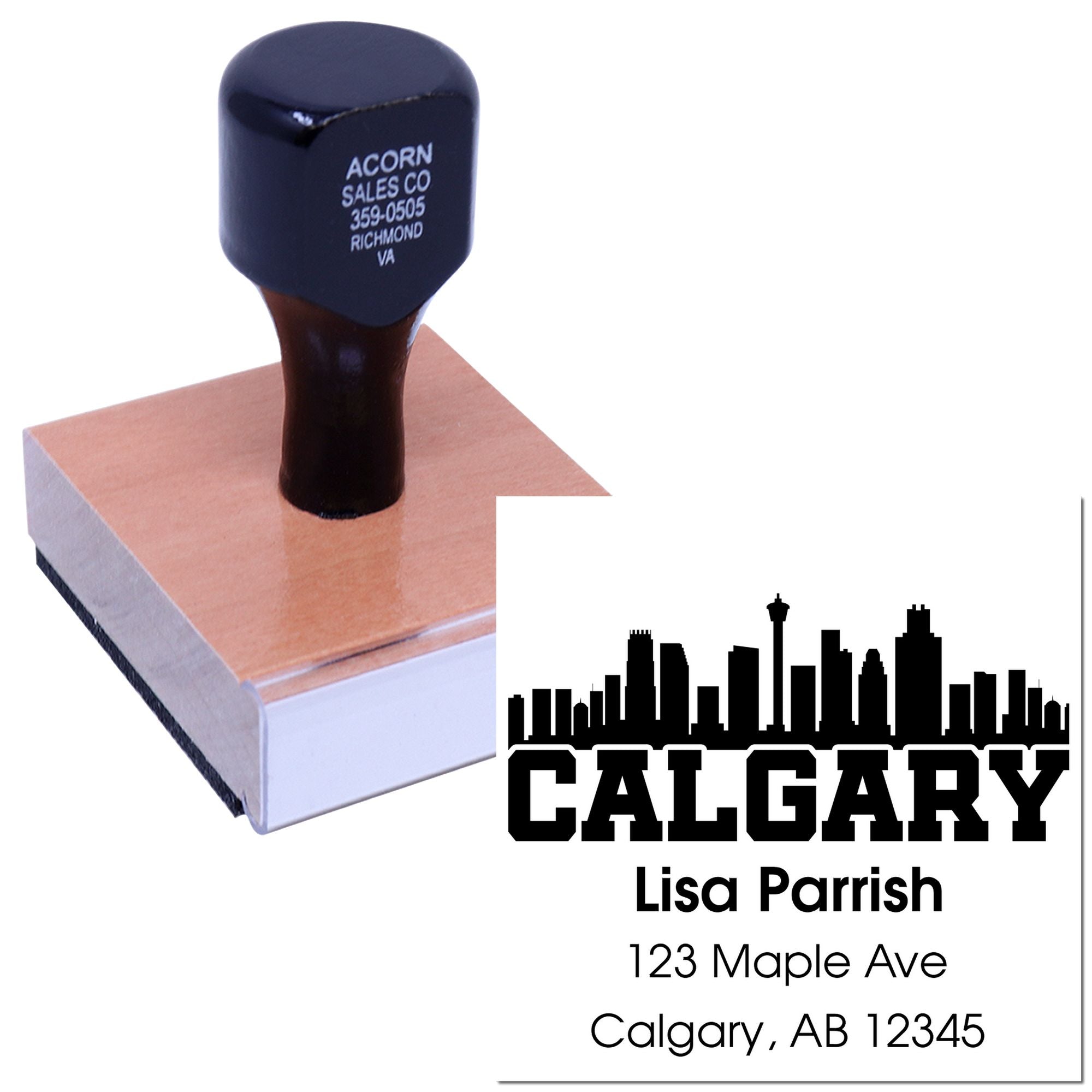 Custom Calgary rubber stamp with skyline design and return address for Lisa Parrish, 123 Maple Ave, Calgary, AB 12345.