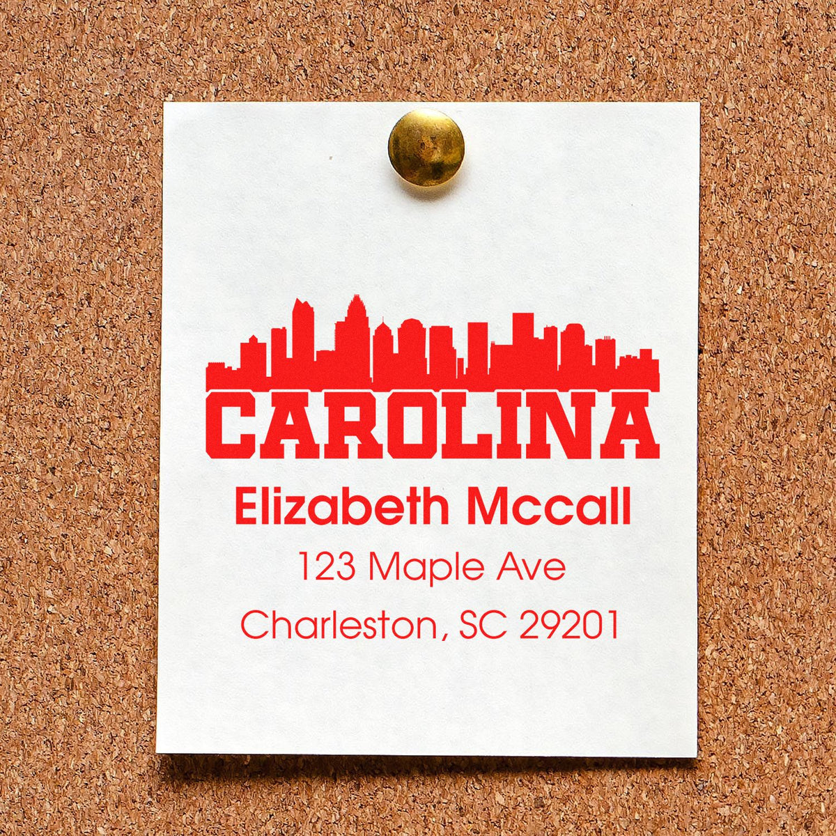 Personalized Charleston, SC return address rubber stamp with Carolina skyline for custom mailing and wedding invitations.