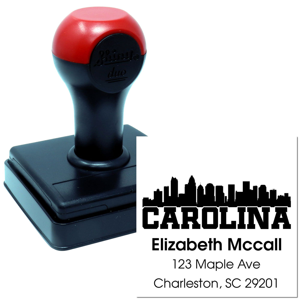 Custom self-inking address stamp with Carolina skyline and Charleston, SC return address for Elizabeth Mccall