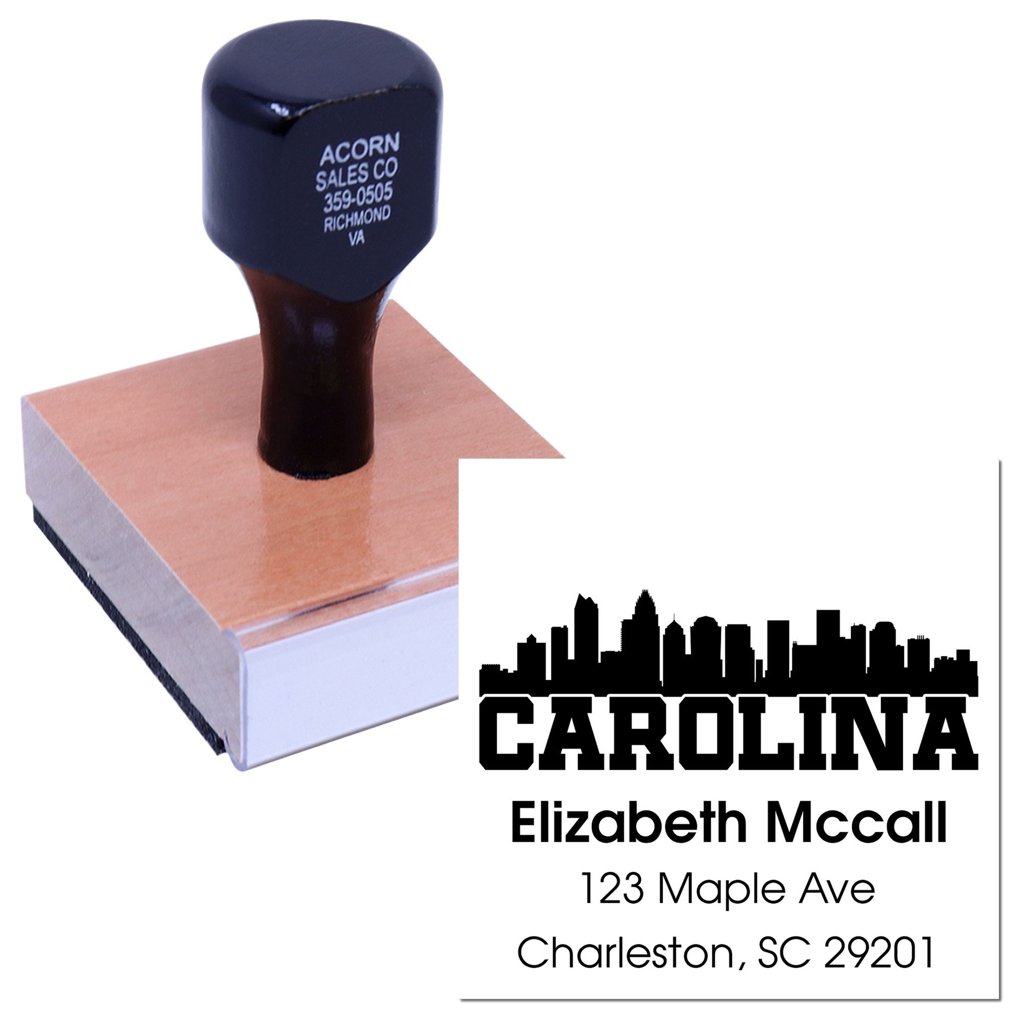 Custom Carolina address rubber stamp with skyline design for Charleston, SC 29201 mailings and personal branding