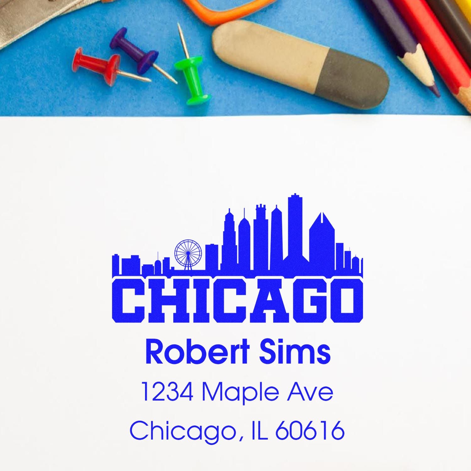 Personalized Chicago return address rubber stamp with skyline, Robert Sims, 1234 Maple Ave, Chicago, IL 60616.