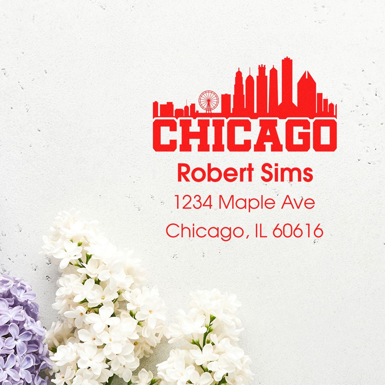 Chicago skyline return address rubber stamp for Robert Sims, 1234 Maple Ave, Chicago, IL 60616