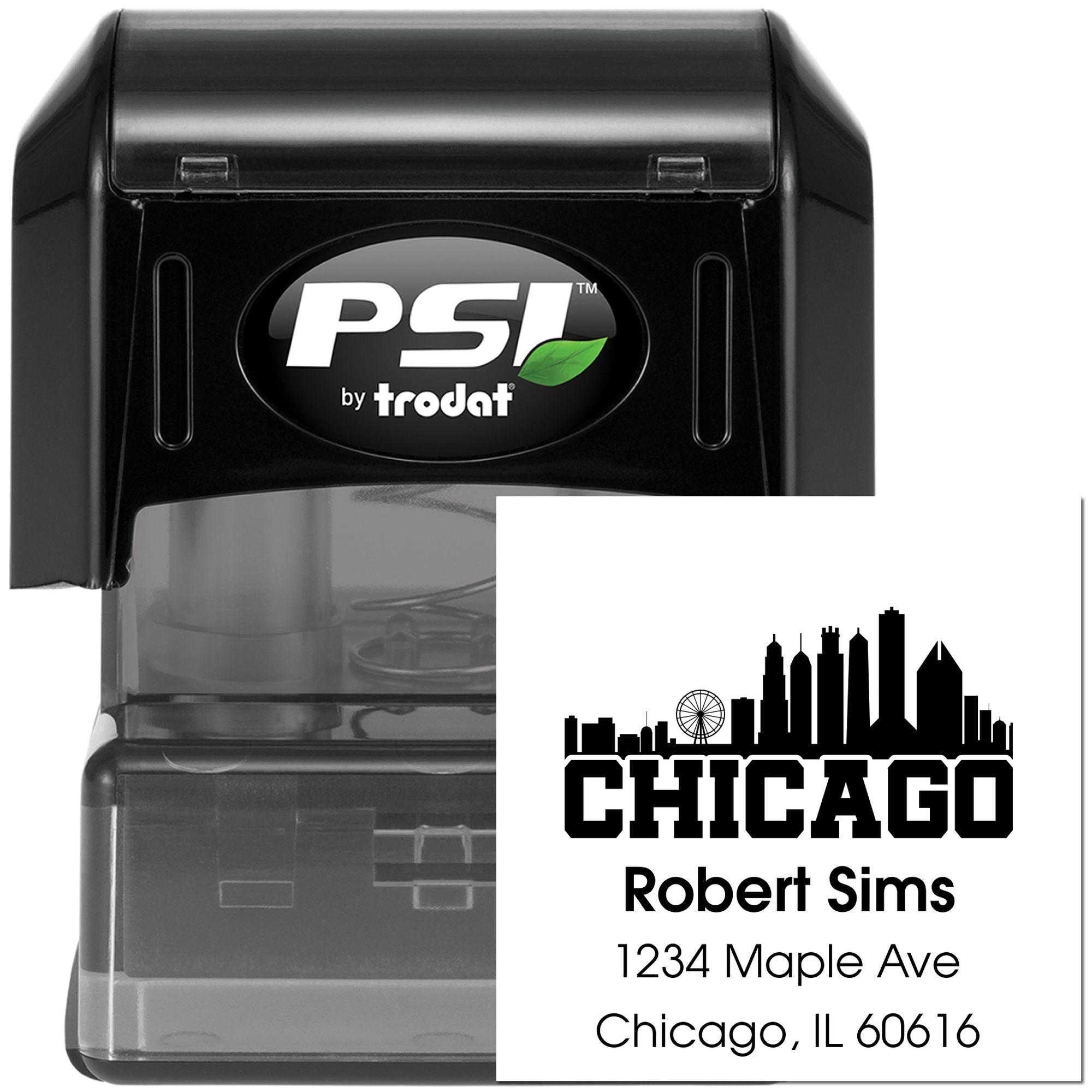 Custom self-inking PSI by Trodat rubber address stamp with Chicago skyline, Robert Sims, 1234 Maple Ave, Chicago IL 60616.