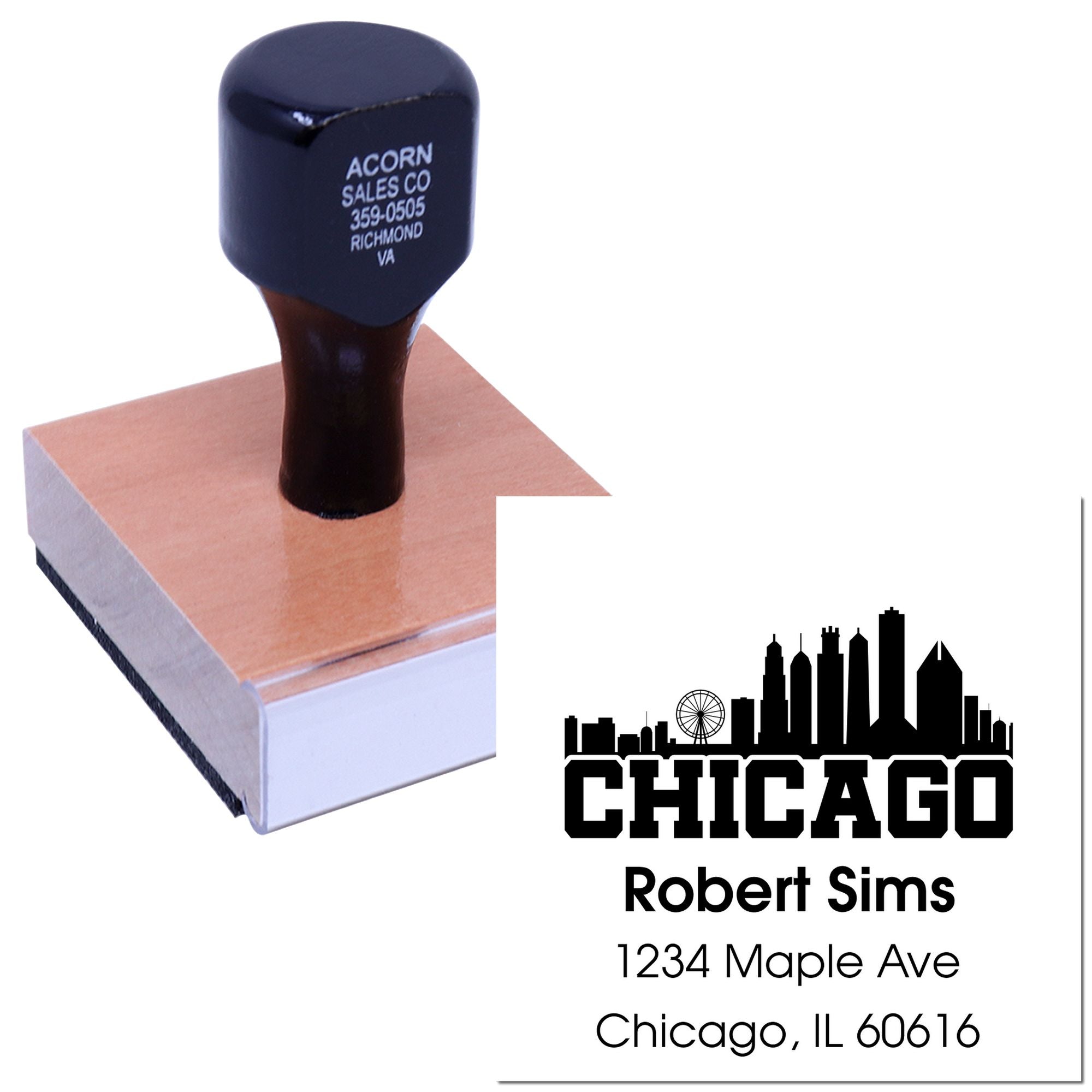 Custom Chicago skyline address rubber stamp with name and mailing address for business correspondence.