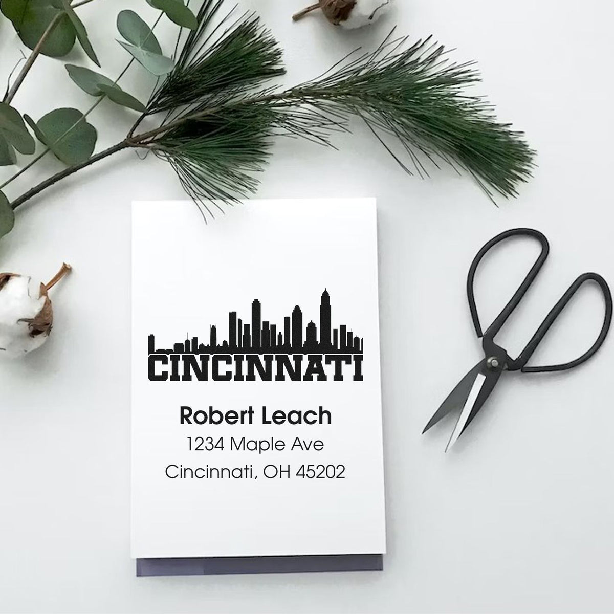 Personalized Cincinnati return address rubber stamp with skyline design for custom invitations, stationery, and mailings.