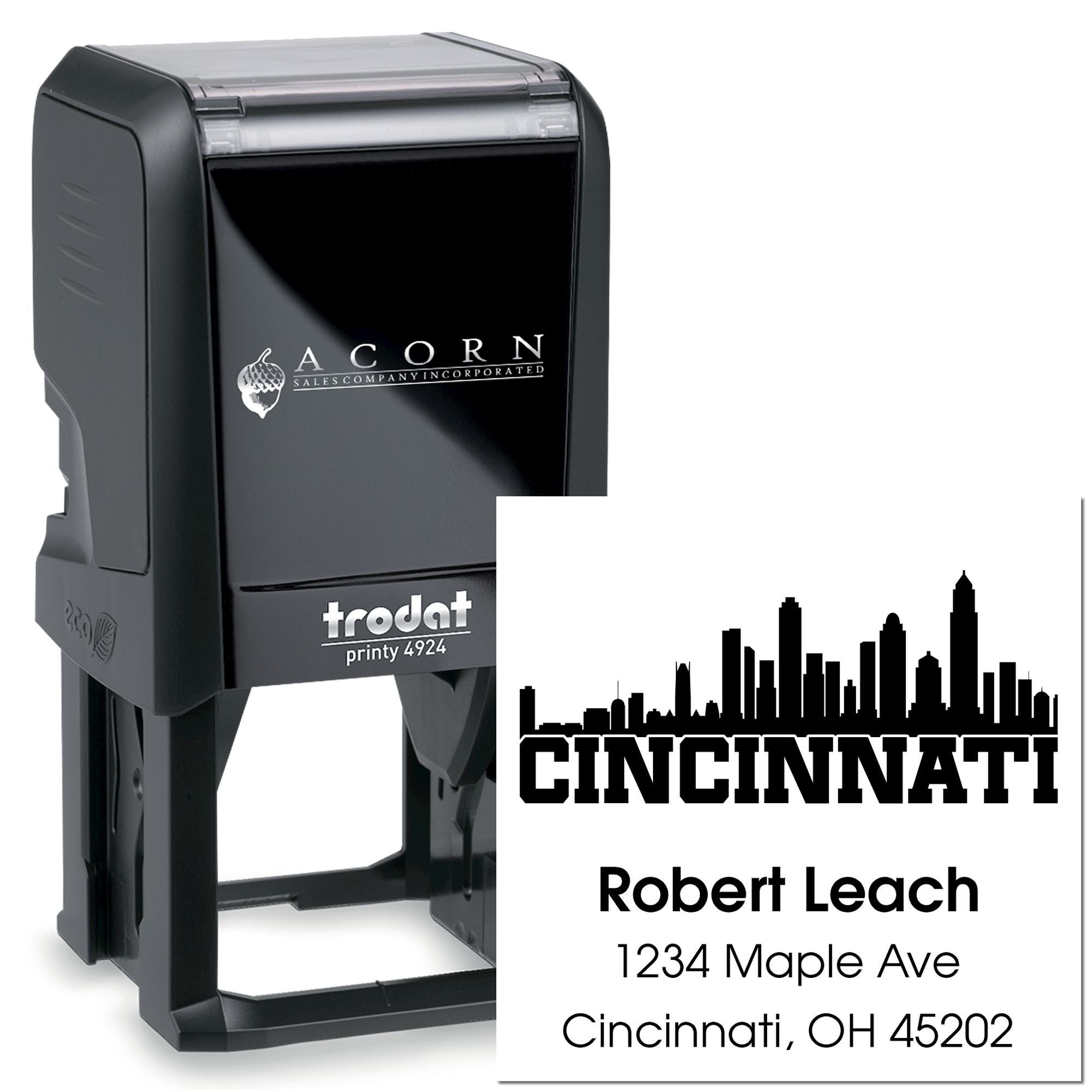 Custom Trodat self-inking rubber address stamp with Cincinnati skyline, name and address for mailing