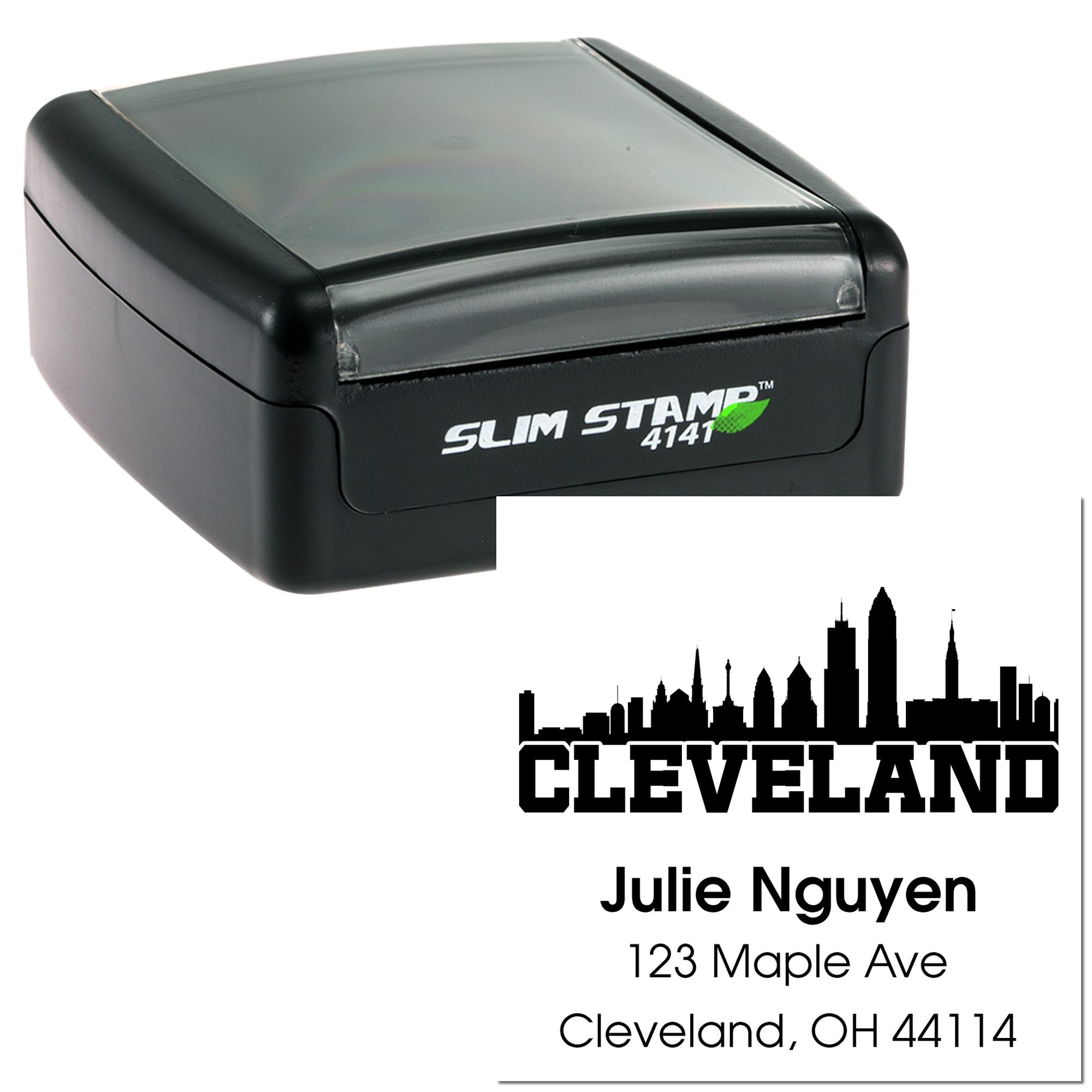 Custom Cleveland address rubber stamp with skyline, Julie Nguyen name, and mailing address preview.