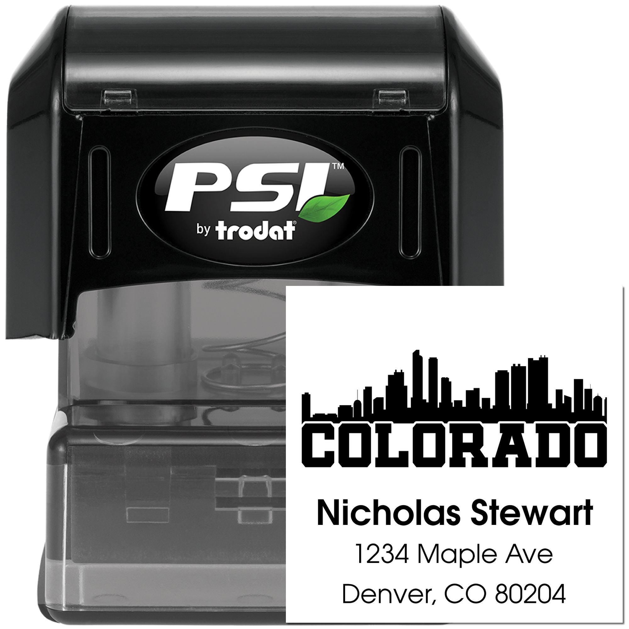 Custom self-inking return address rubber stamp with Colorado skyline, name, and Denver address by PSI Trodat.