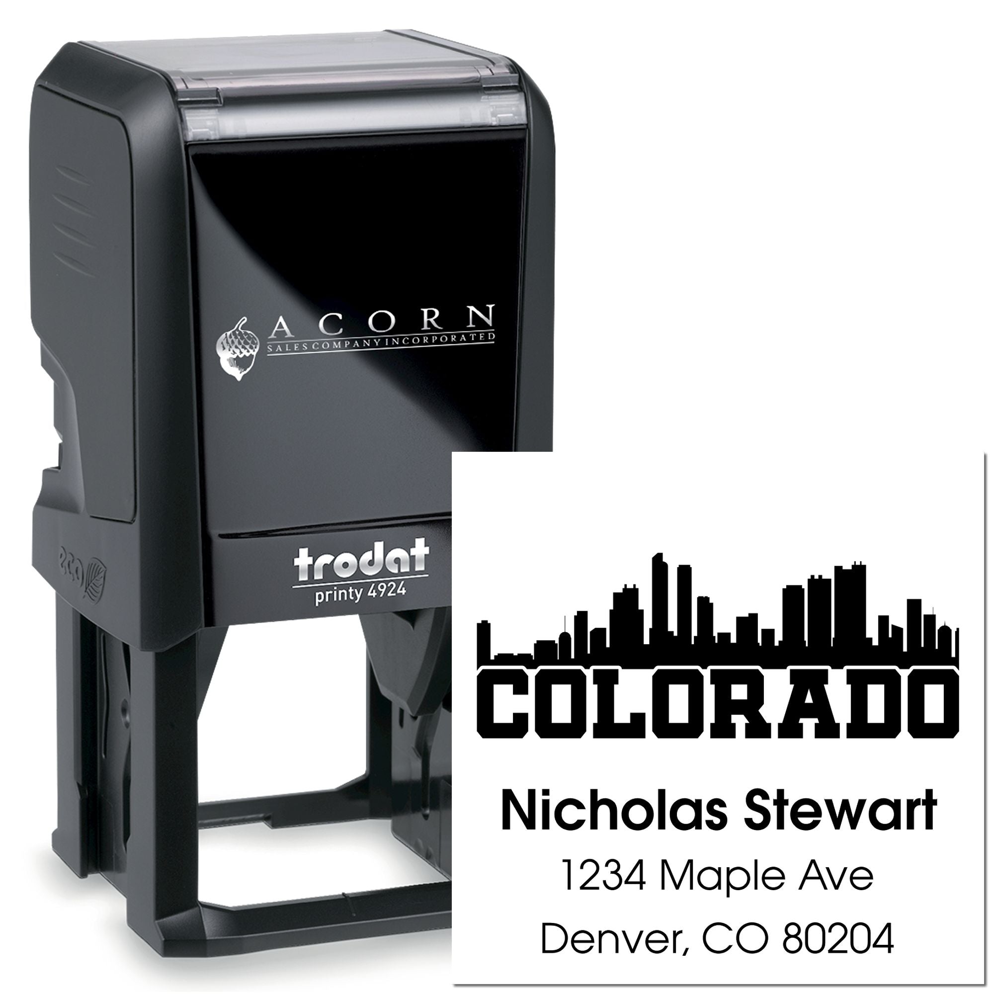 Personalized self-inking address rubber stamp with Colorado skyline design, Trodat Printy 4924