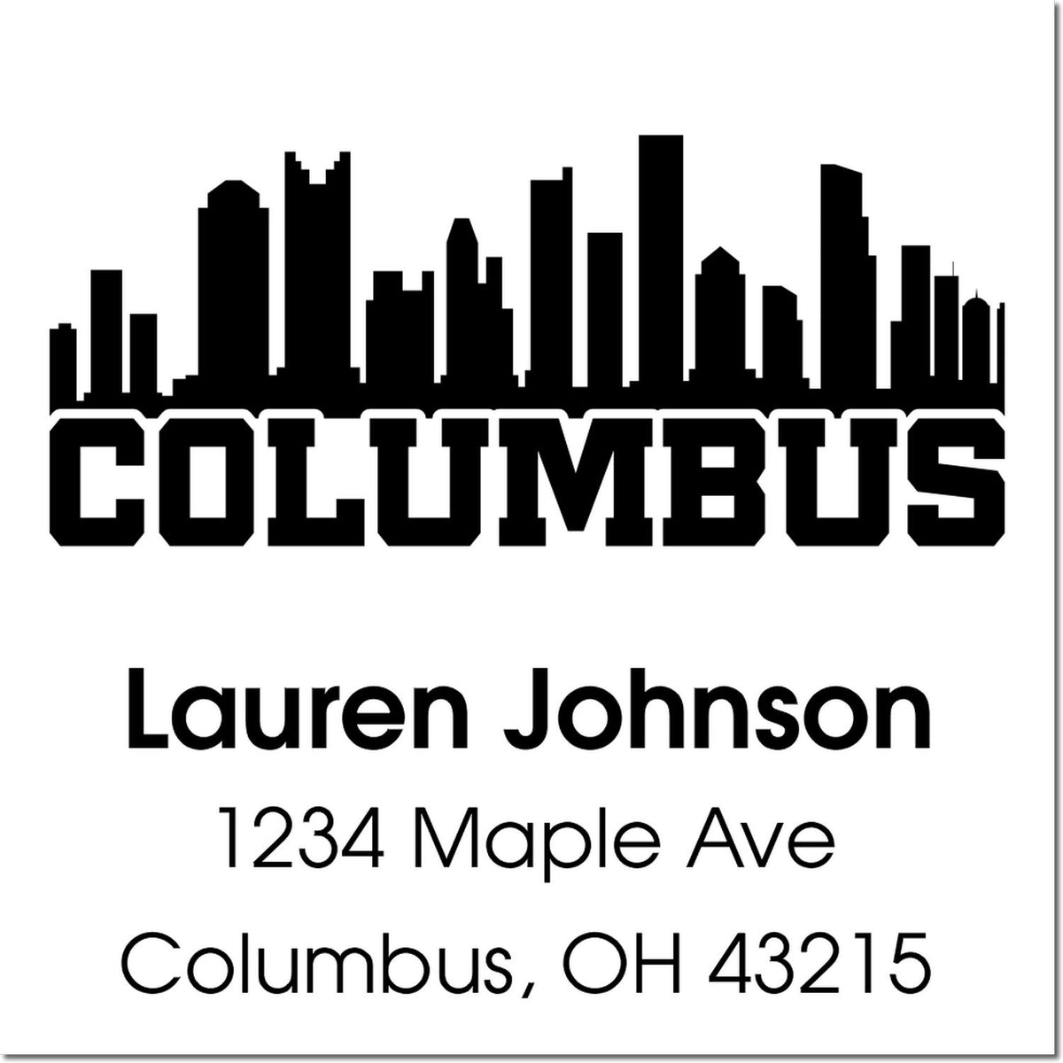 Custom Columbus return address rubber stamp with skyline, Lauren Johnson, 1234 Maple Ave, Columbus, OH 43215.
