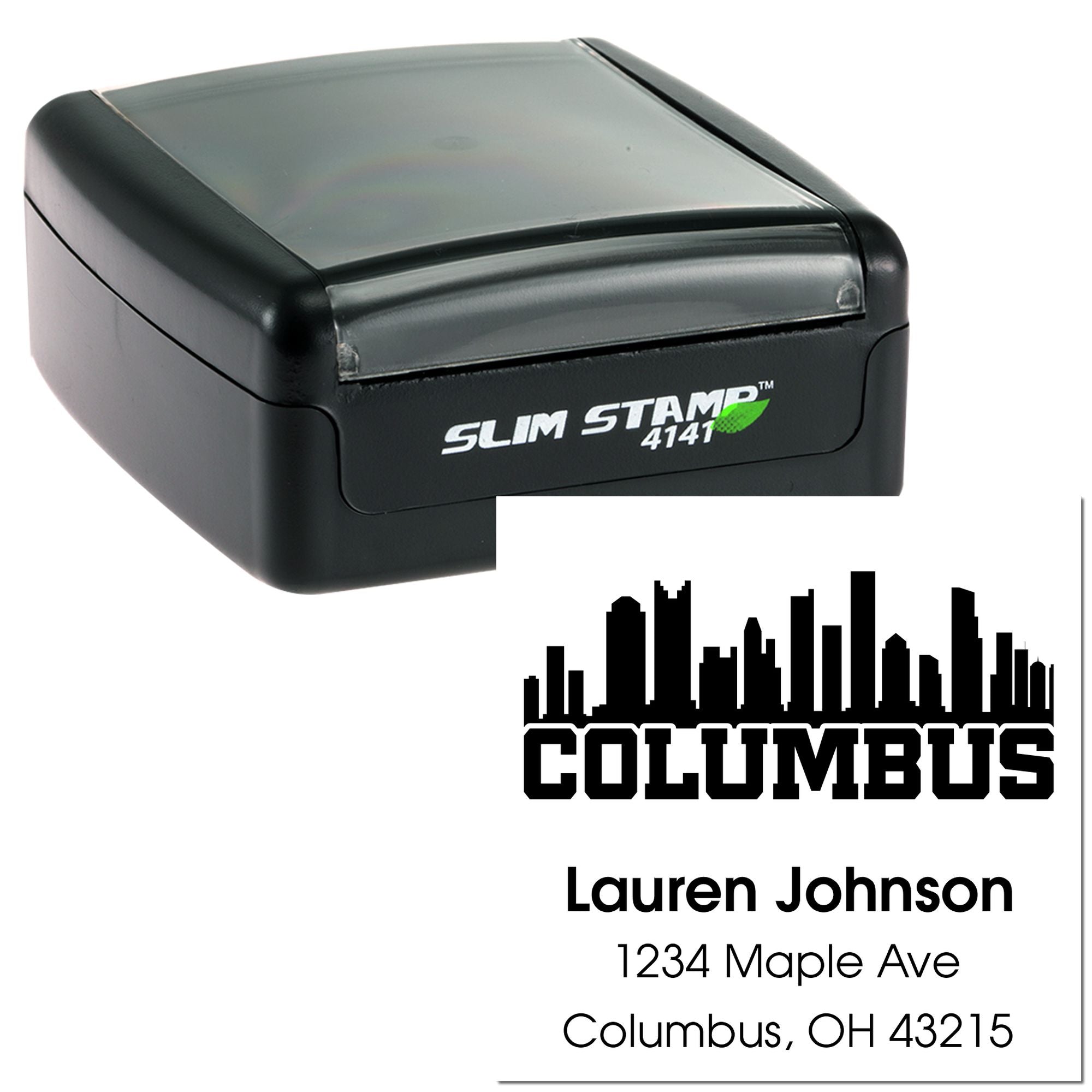 Custom return address rubber stamp with Columbus skyline, Lauren Johnson name, and Slim Stamp 4141 self-inking case.