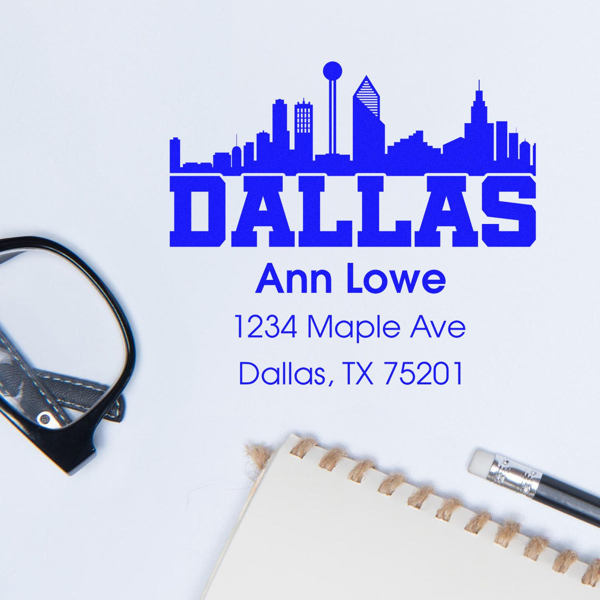 Custom Dallas return address rubber stamp with skyline, personalized for Ann Lowe, 1234 Maple Ave, Dallas, TX 75201.