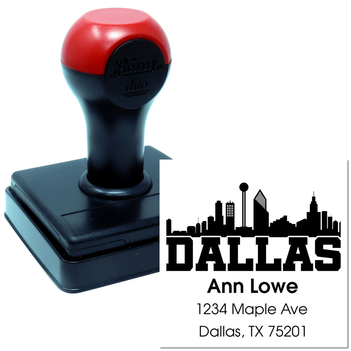 Dallas custom return address rubber stamp, self-inking design for envelopes, business mail, and personalized stationery.
