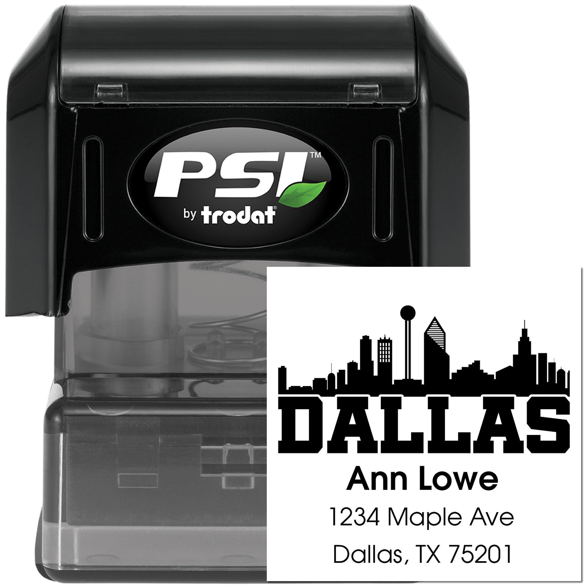 Custom Dallas return address self-inking rubber stamp with skyline design, PSI by Trodat personalized mailing stamp