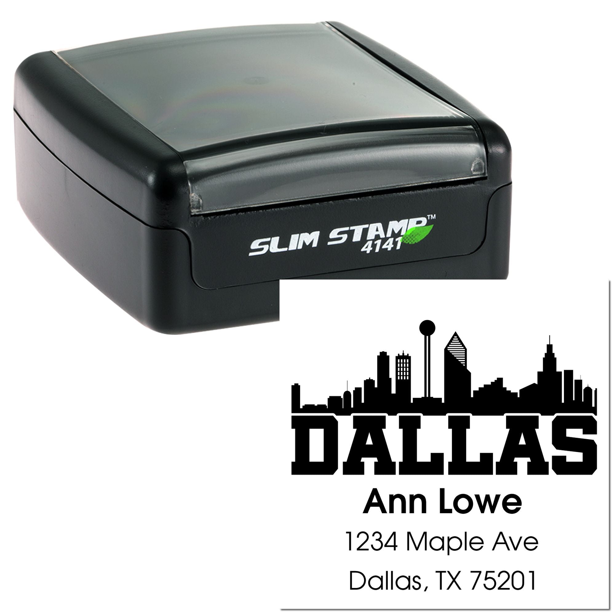 Custom self-inking Dallas return address rubber stamp with skyline design for personalized mailing labels.