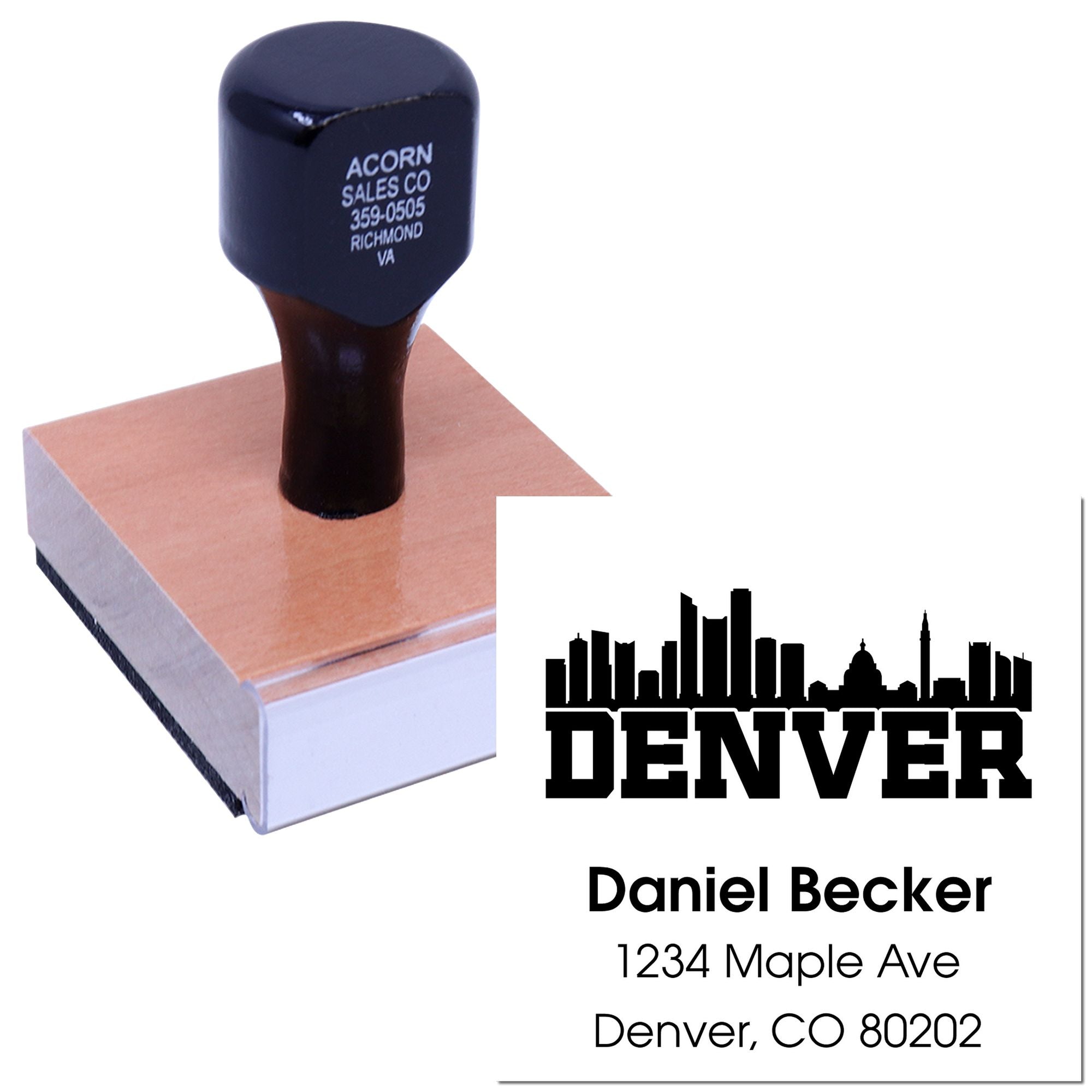 Custom Denver return address rubber stamp with skyline design, Daniel Becker, 1234 Maple Ave, Denver, CO 80202
