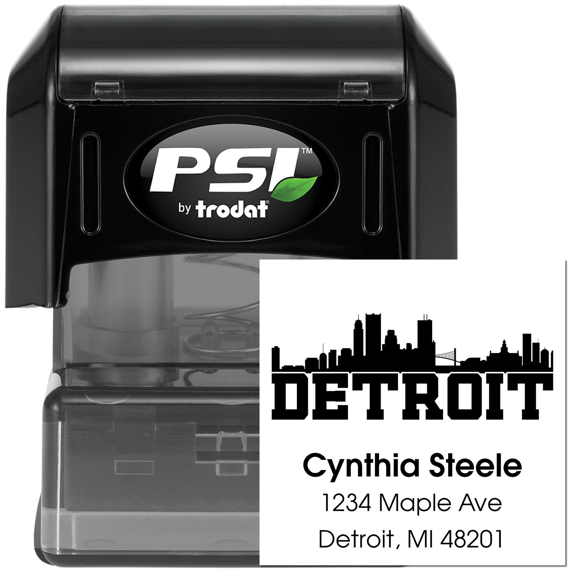 Personalized Detroit address rubber stamp with skyline design, PSI by Trodat self-inking stamp for Cynthia Steele.