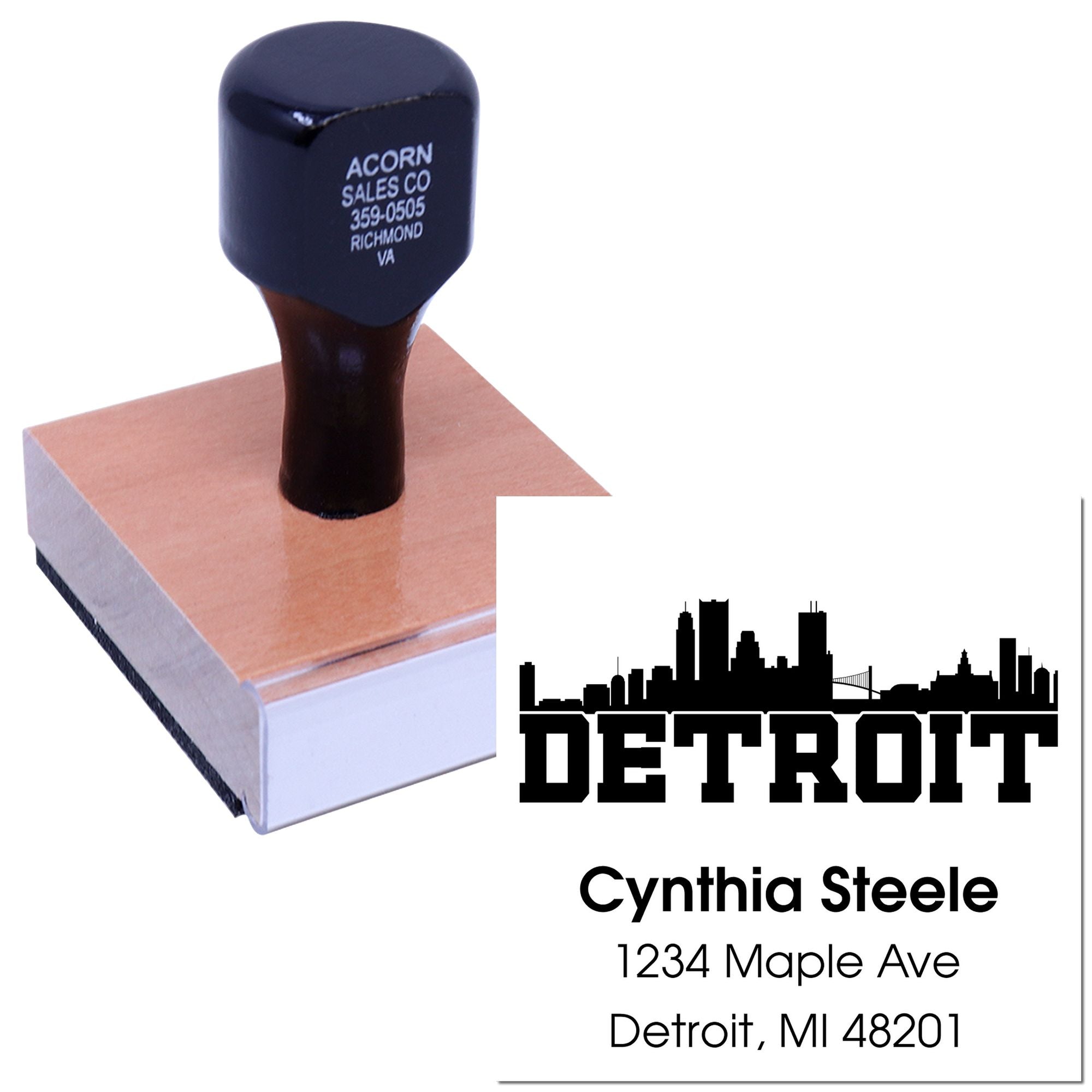 Custom Detroit return address rubber stamp with skyline logo for Cynthia Steele, 1234 Maple Ave, Detroit, MI 48201.