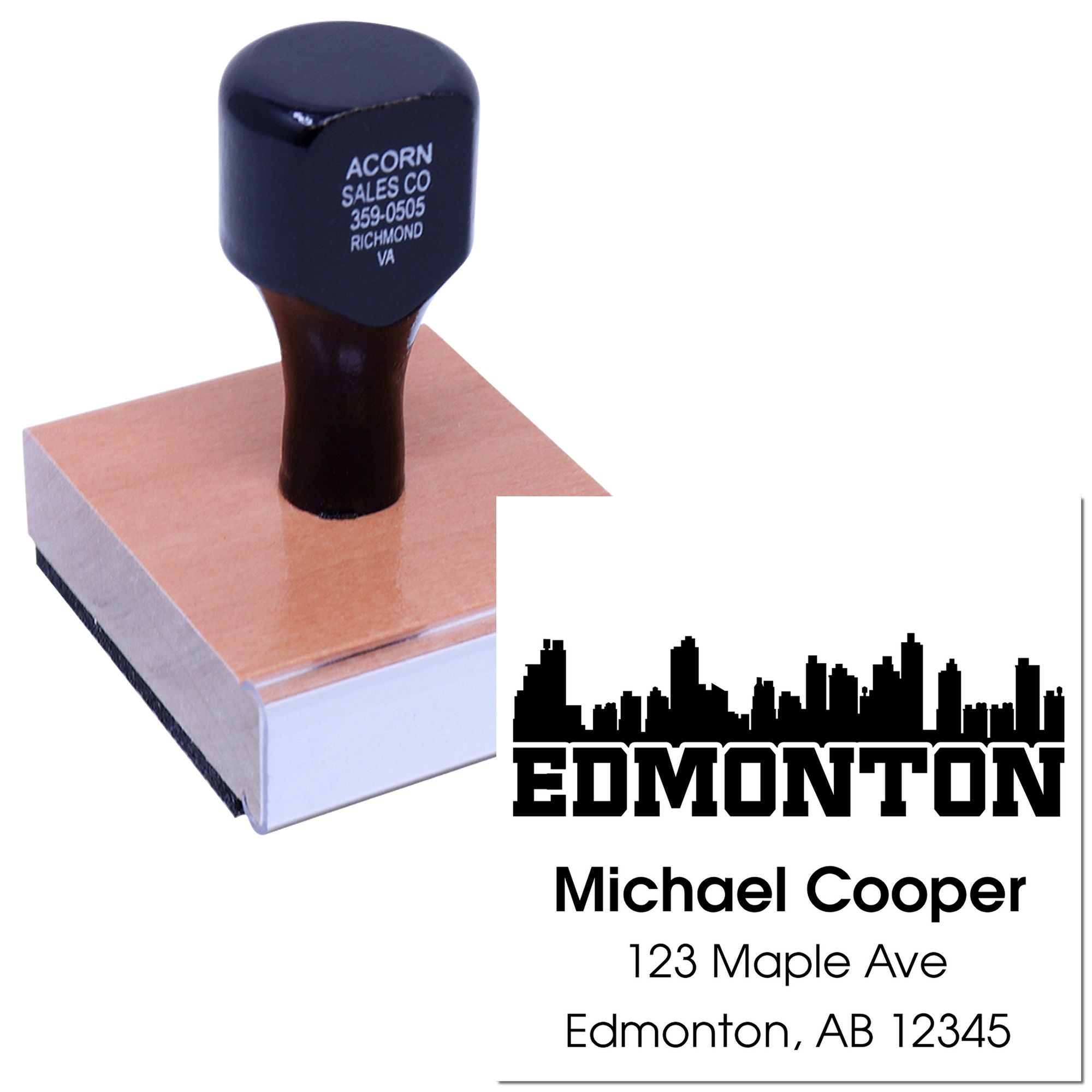 Custom self-inking address rubber stamp with Edmonton skyline design for personalized mailing and business branding.