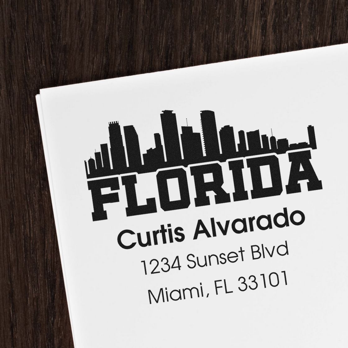 Personalized Florida return address rubber stamp with skyline, Curtis Alvarado, Miami, FL 33101