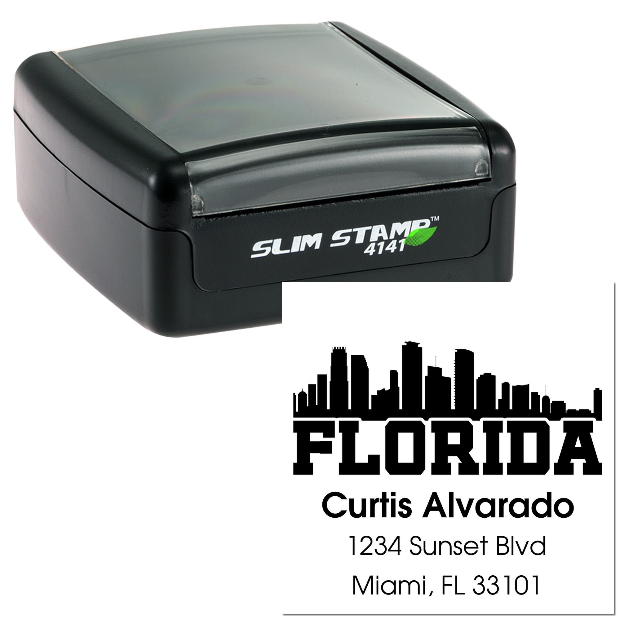 Custom self-inking rubber stamp with Florida skyline return address for Curtis Alvarado in Miami, FL.