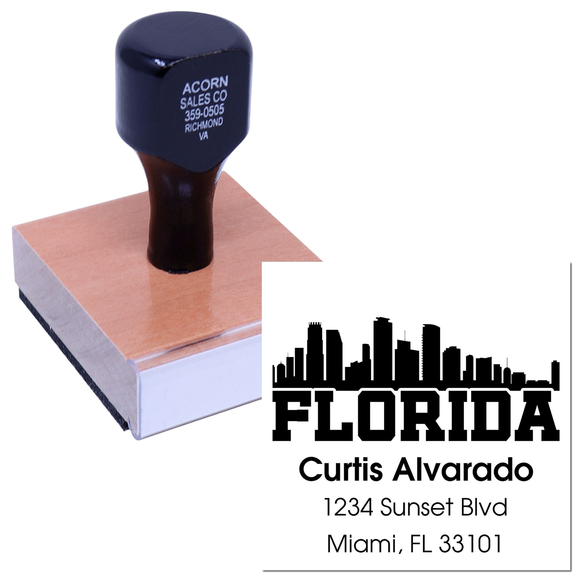 Custom self-inking Florida address rubber stamp with skyline design and sample return address imprint.