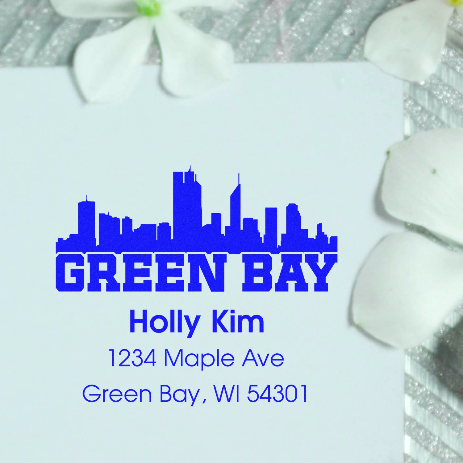 Custom Green Bay return address rubber stamp with skyline design, Holly Kim, 1234 Maple Ave, Green Bay, WI 54301.