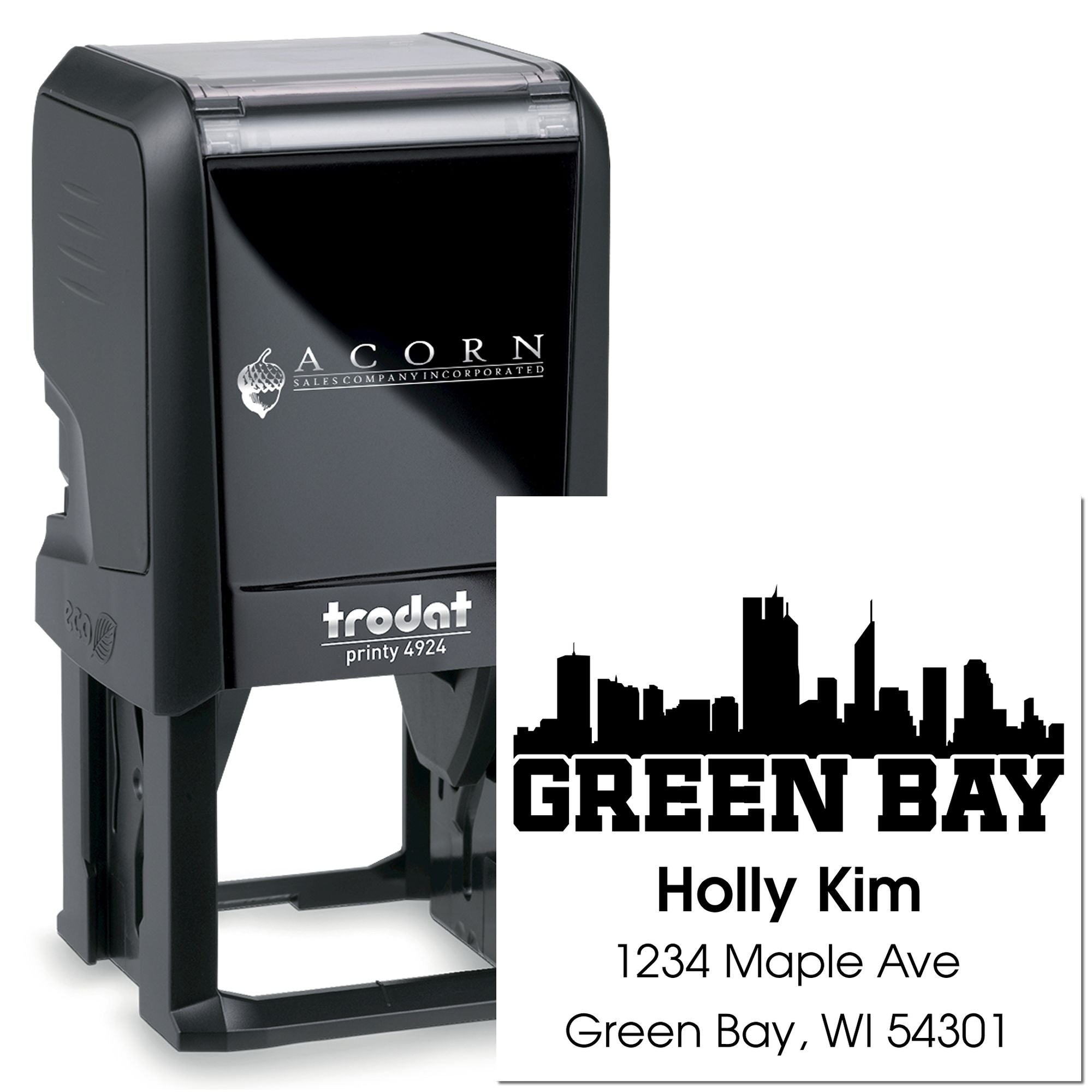 Custom self-inking rubber address stamp with Green Bay skyline for business mail, branding, and return address use.