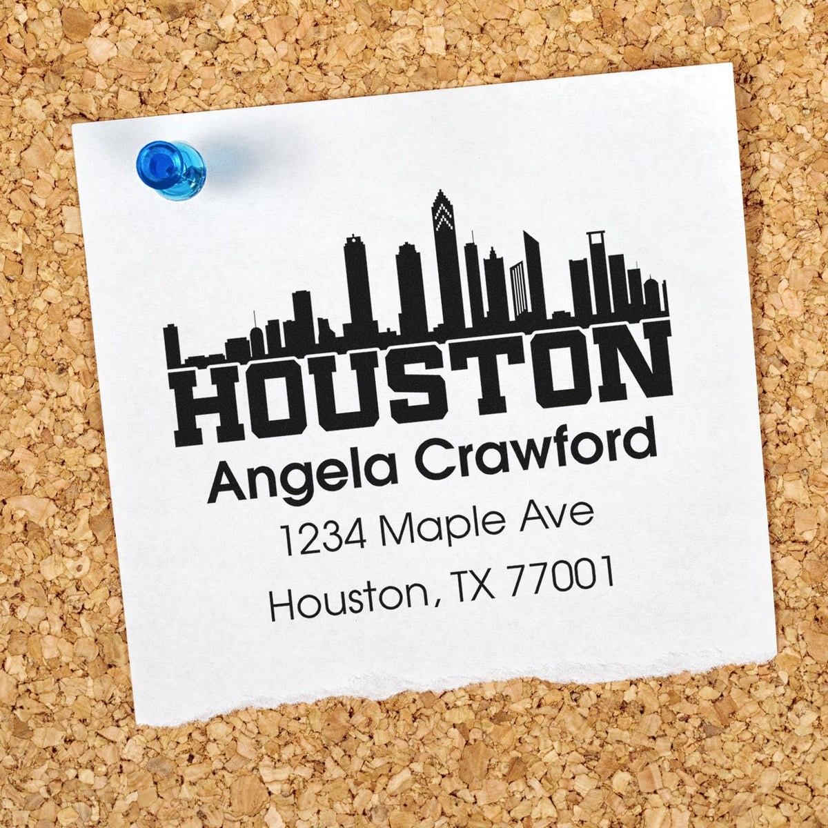 Custom Houston address rubber stamp with skyline design, Angela Crawford, 1234 Maple Ave, Houston, TX 77001.