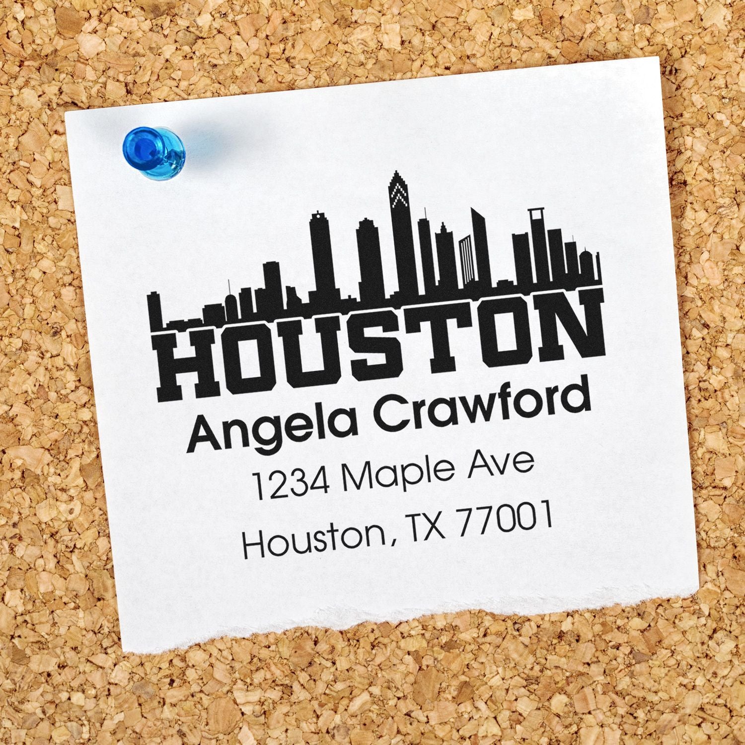 Custom Houston address rubber stamp with skyline design for personalized return mail, featuring Angela Crawford and 1234 Maple Ave, Houston TX 77001.