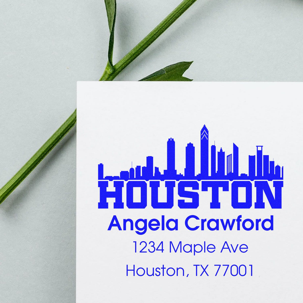 Houston personalized address rubber stamp with skyline design for Angela Crawford, 1234 Maple Ave, Houston, TX 77001