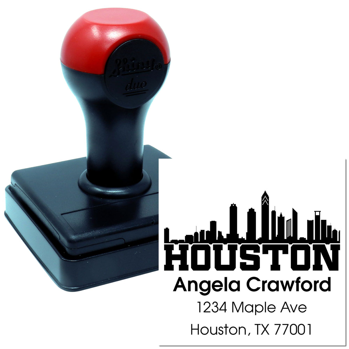 Custom self-inking rubber address stamp with Houston skyline, Angela Crawford, 1234 Maple Ave, Houston, TX 77001.