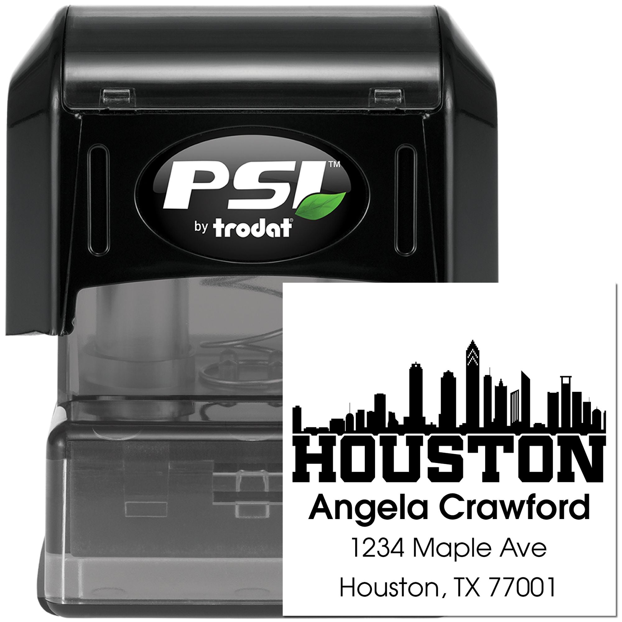 Custom Houston address rubber stamp by PSI by Trodat, self-inking with skyline design for mailing and return labels.