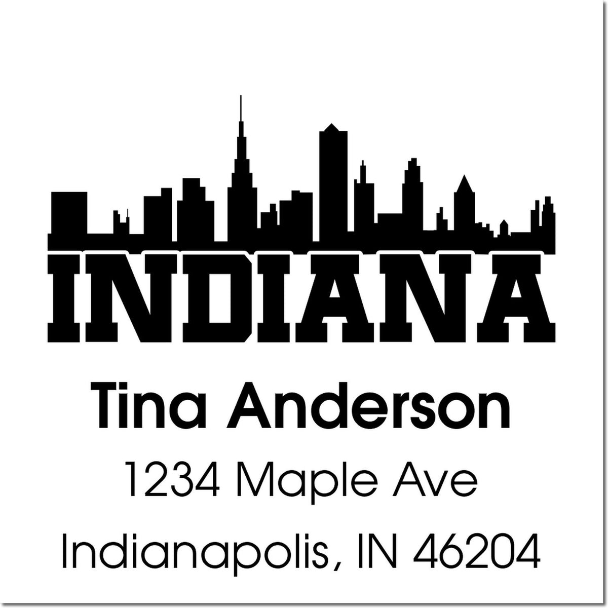 Custom Indiana return address rubber stamp with Indianapolis skyline, Tina Anderson, 1234 Maple Ave, Indianapolis, IN 46204.
