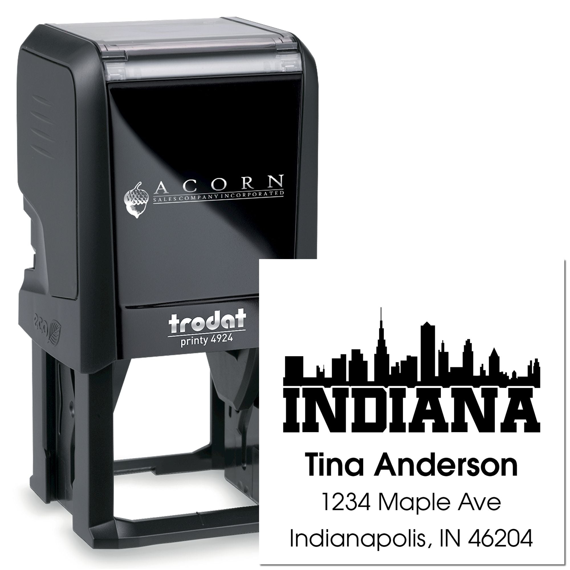 Custom self-inking rubber address stamp with Indiana skyline, Trodat Printy 4924, for personalized mailings.