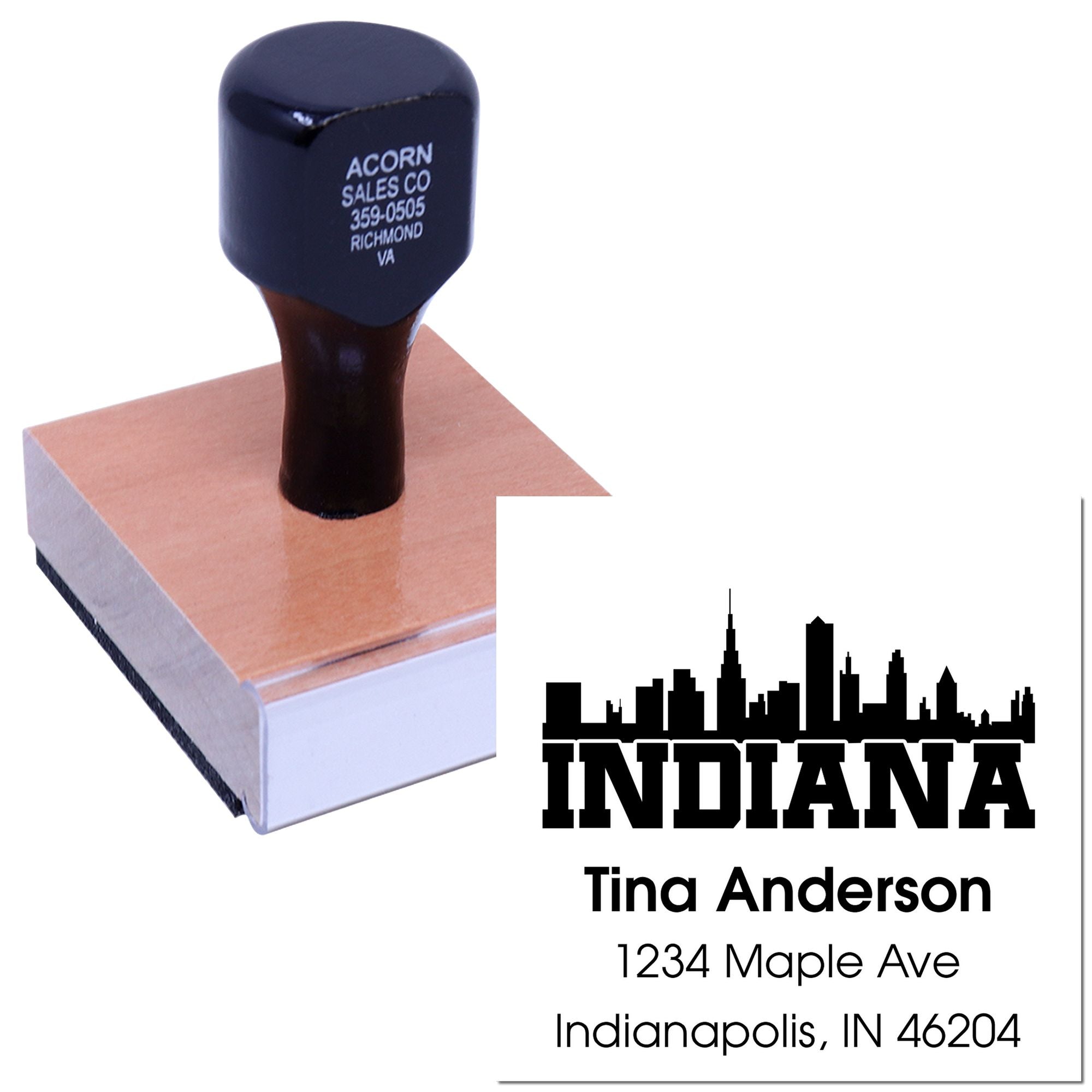 Custom Indiana address rubber stamp with skyline design for Tina Anderson, Indianapolis, IN.