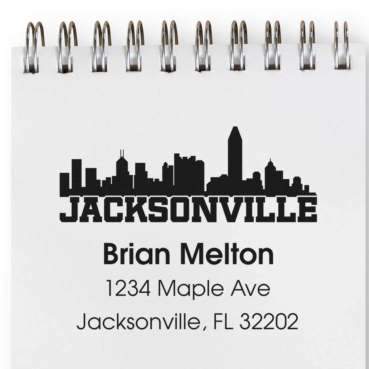 Custom Jacksonville address rubber stamp with skyline logo for Brian Melton, 1234 Maple Ave, Jacksonville, FL 32202