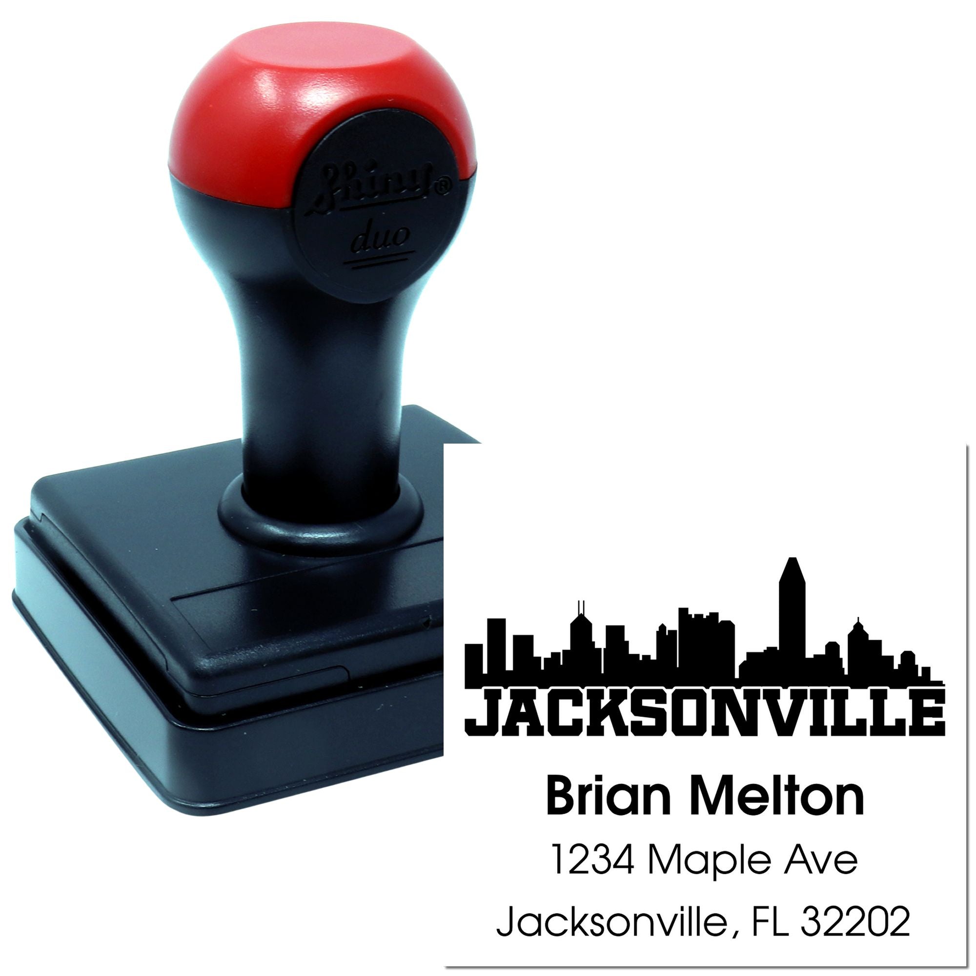Custom self-inking address rubber stamp with Jacksonville skyline logo and personalized name, address, and city state ZIP.