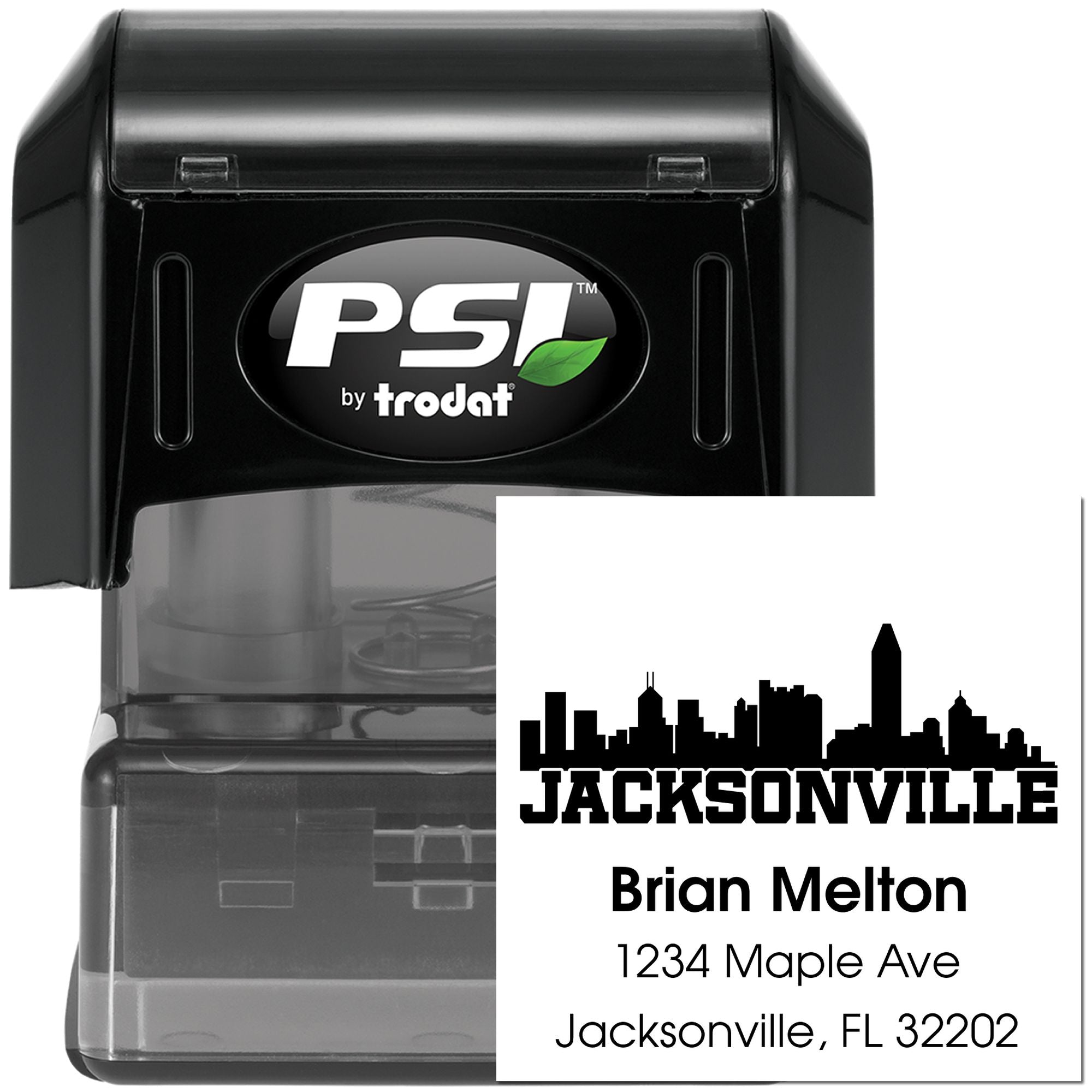 Custom Jacksonville self-inking rubber stamp for return address labels, featuring name, skyline, and home address.