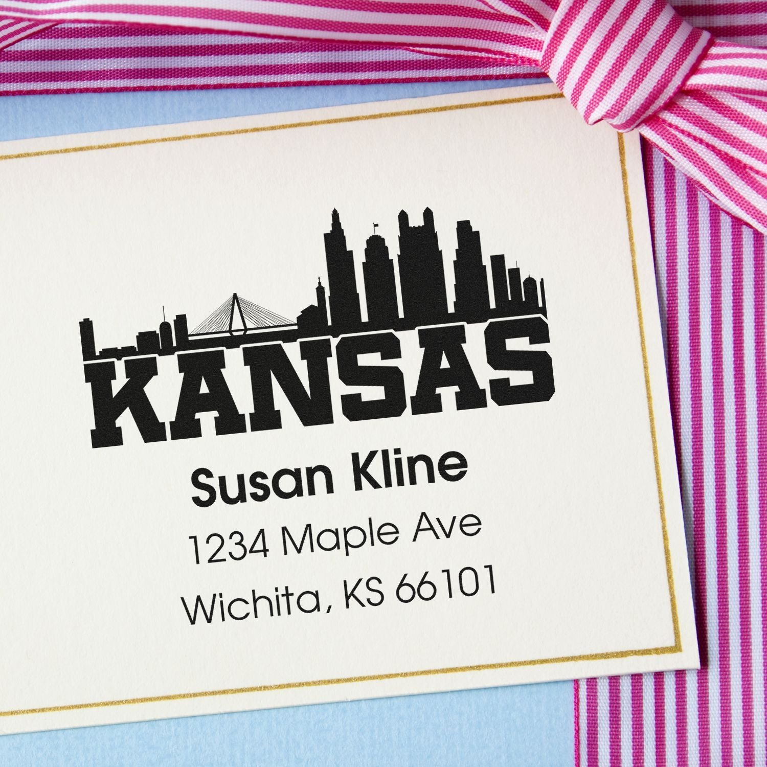 Custom Kansas address rubber stamp with Wichita skyline design and personalized name and address
