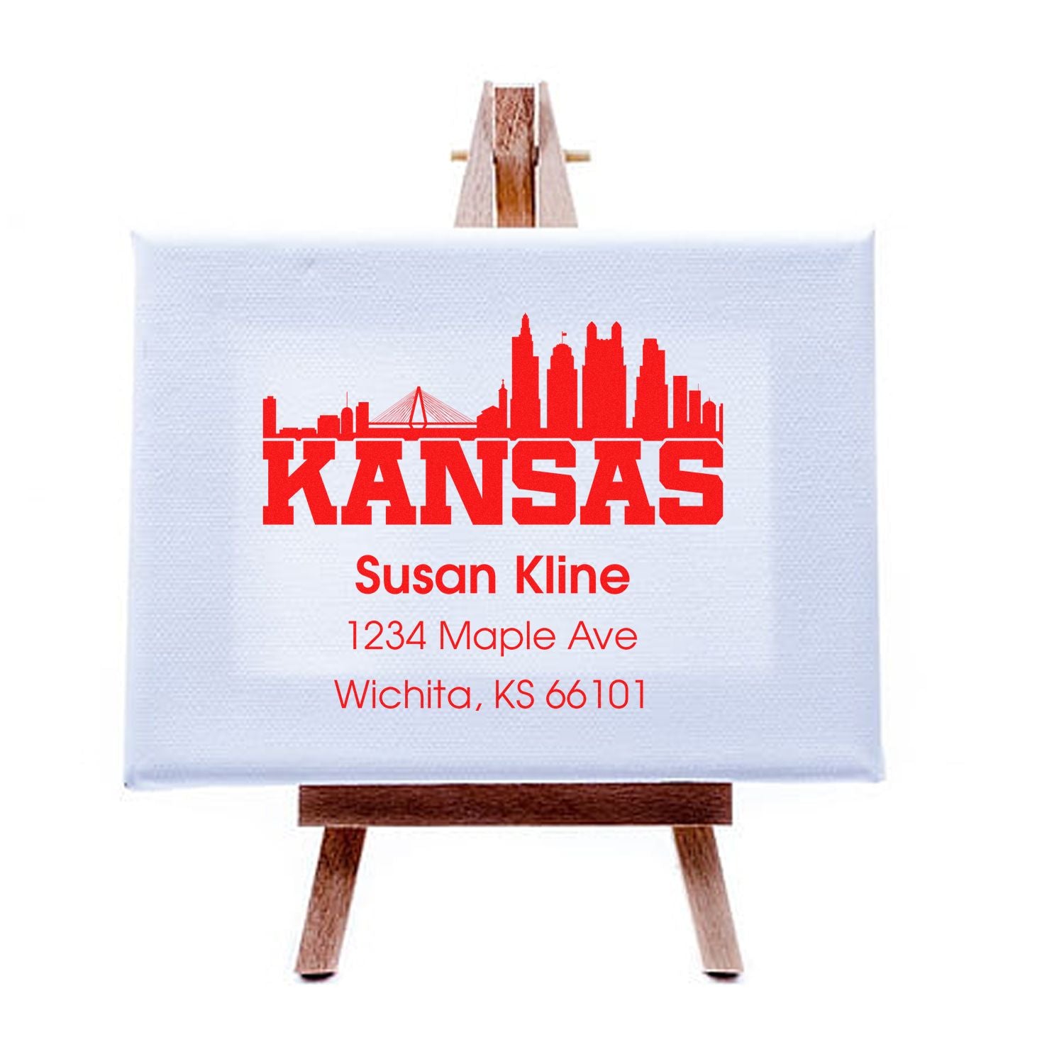 Custom Kansas return address rubber stamp with skyline design for Susan Kline, Wichita, KS 66101.