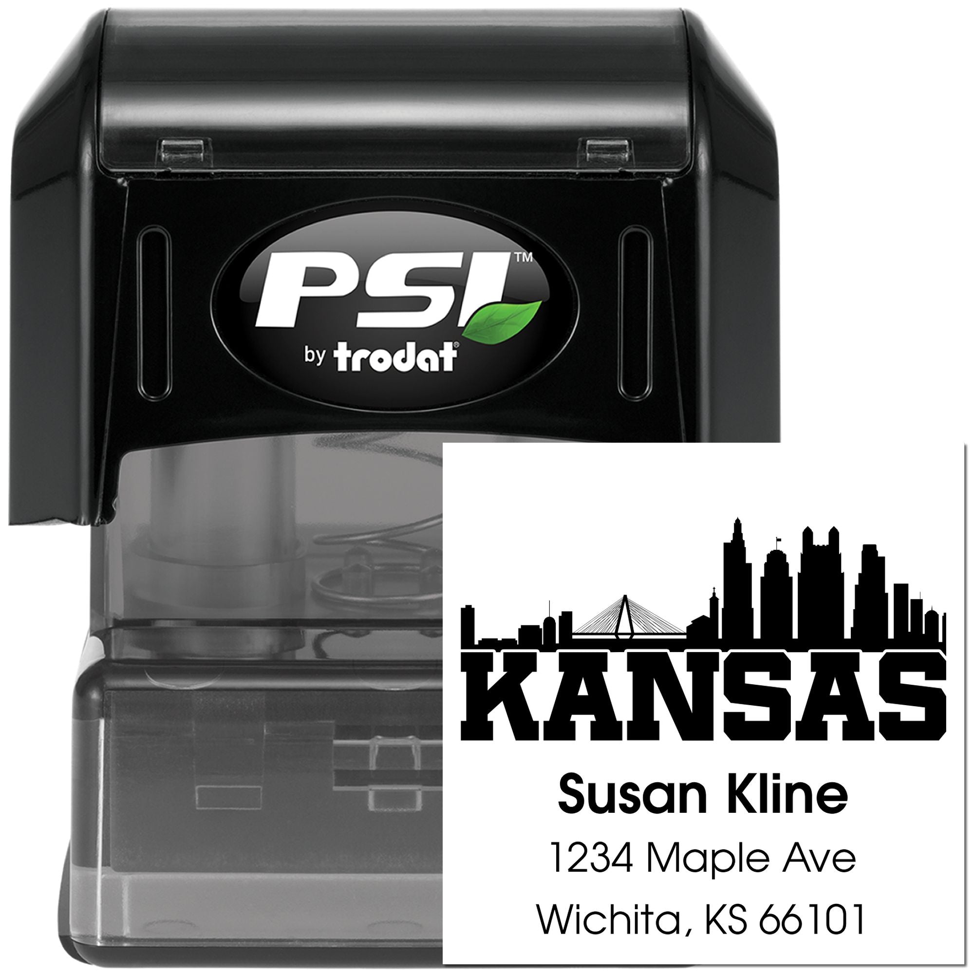 Trodat PSI self-inking rubber stamp with custom Kansas return address design for personalized mailing and business use.
