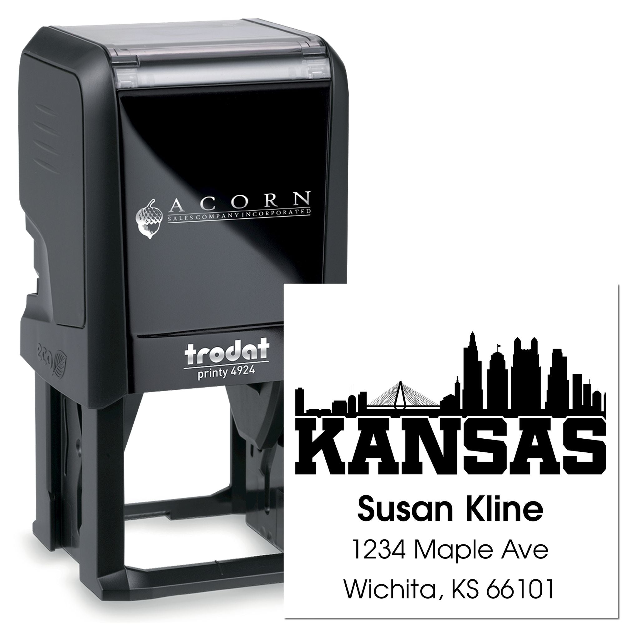 Personalized self-inking Kansas return address rubber stamp with skyline design, name, and mailing address, Trodat Printy 4924.